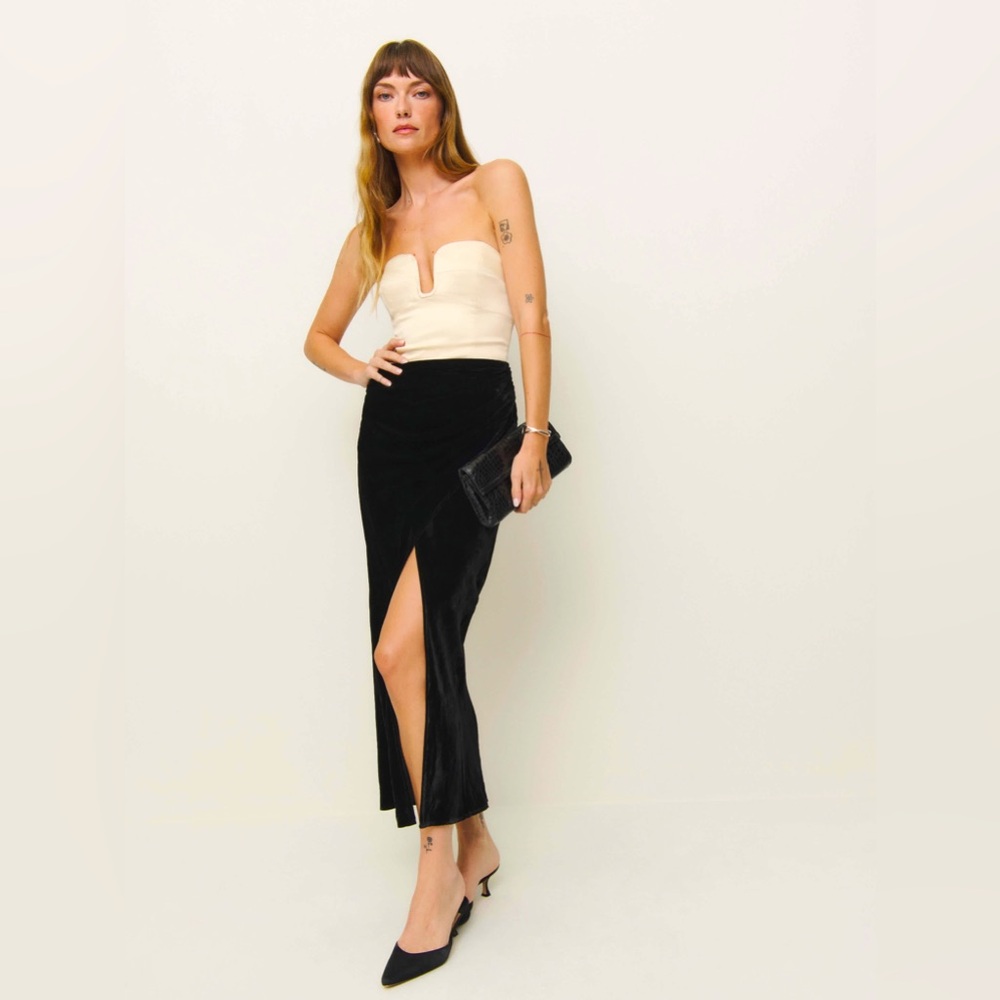 Reformation Strapless Cream Bustier Top with Black High-Slit Skirt